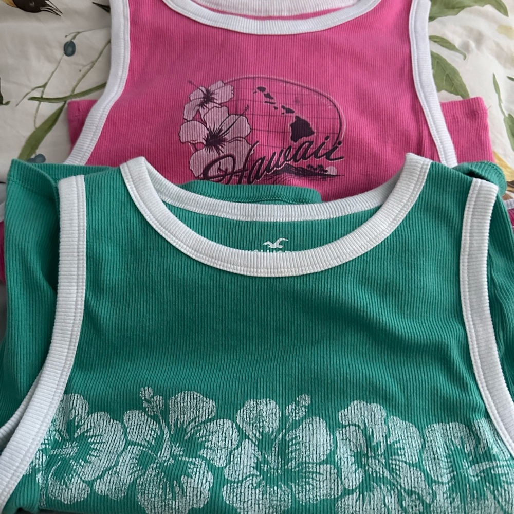 Hollister Pink & Green Girls' Ribbed Tank Tops with Hawaiian Floral Prints